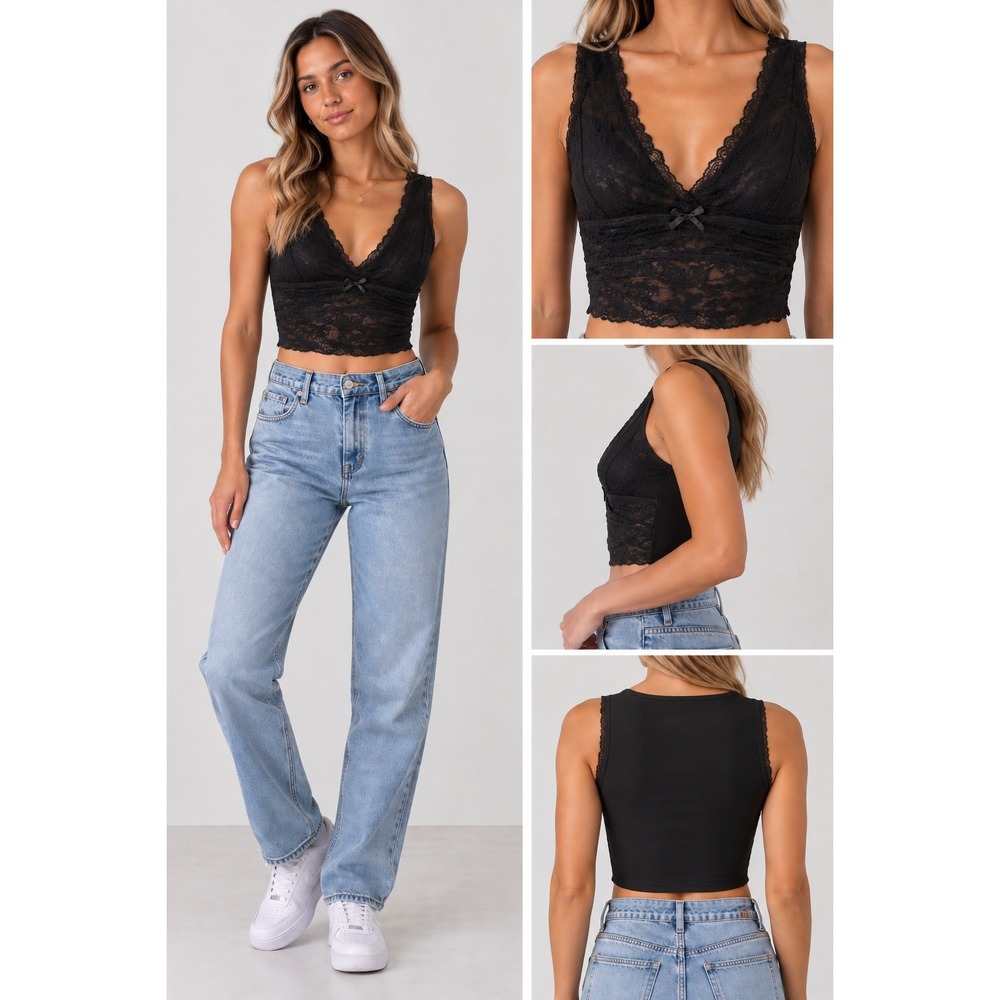 Cider Black Lace Crop Top Womens Size S Sleeveless V Neck Scalloped Trim Cami